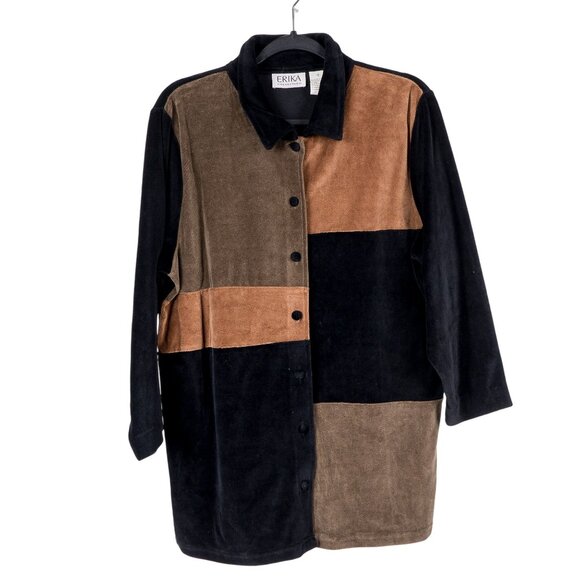 Erika VTG Blouse S Womens Velour Color Block Black Brown Green Button Up Shirt - Picture 1 of 6